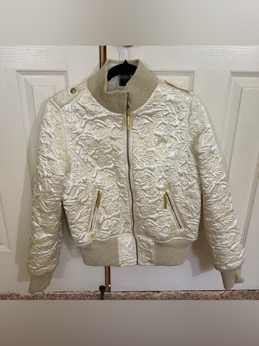 Lot29 Satin Bomber Jacket Womens XS Cream Embroidered Y2K Cropped